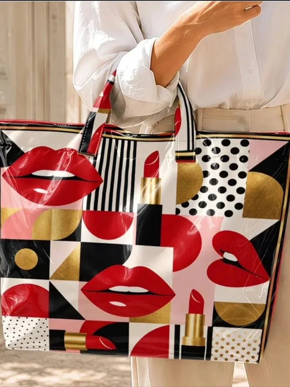Women Retro Polka Dot Lipstick Print PVC Large Tote Bag